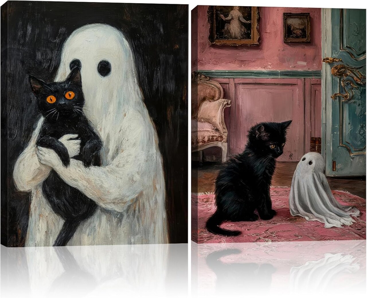 Framed Ghost & Black Cat Wall Art – Set of 2 Halloween Gothic Canvas Prints, Cute Spooky Cat & Ghost Pictures for Living Room, Bedroom, Kids Room, 12x16 Inch Ready to Hang